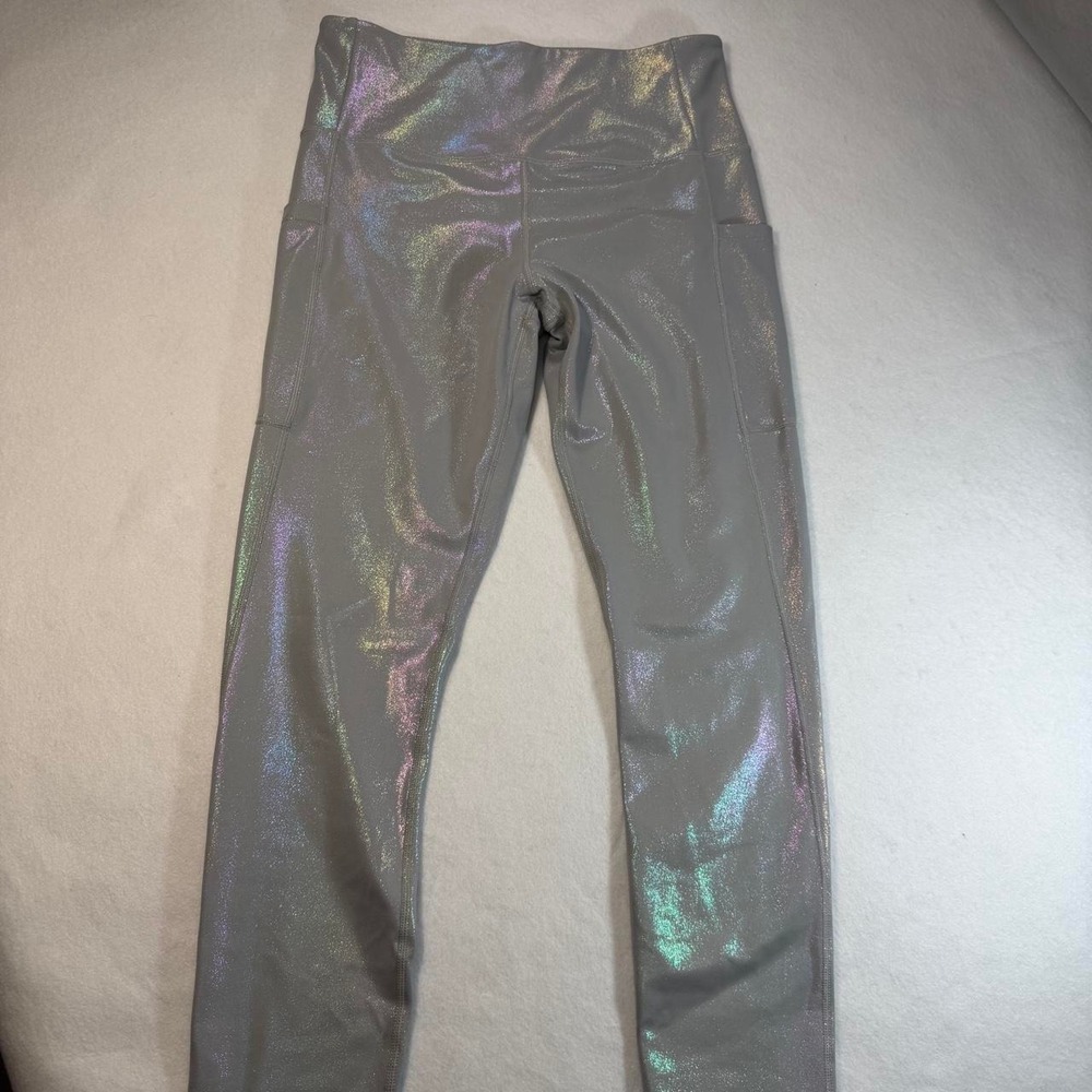 ZYIA Active Iridescent Holographic Silver Pocket Leggings High Rise Gray Womens